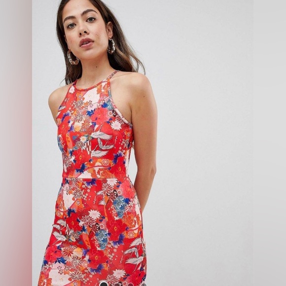 LMisguided red fitted stretchy knee length dress in Japanese print size 6 - Picture 1 of 16